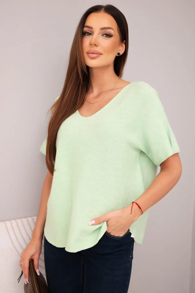 Bluzka damska sweterkowa z krótkim rękawem i dekoltem w serek miętowa
