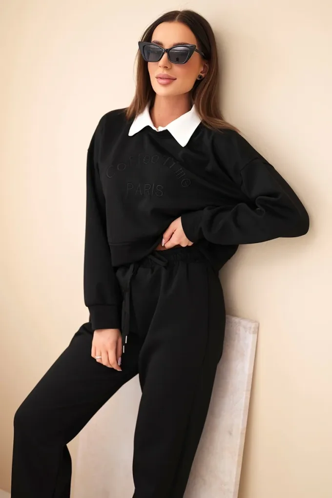 Komplet damski masełko bluza z kołnierzykiem i proste spodnie czarny