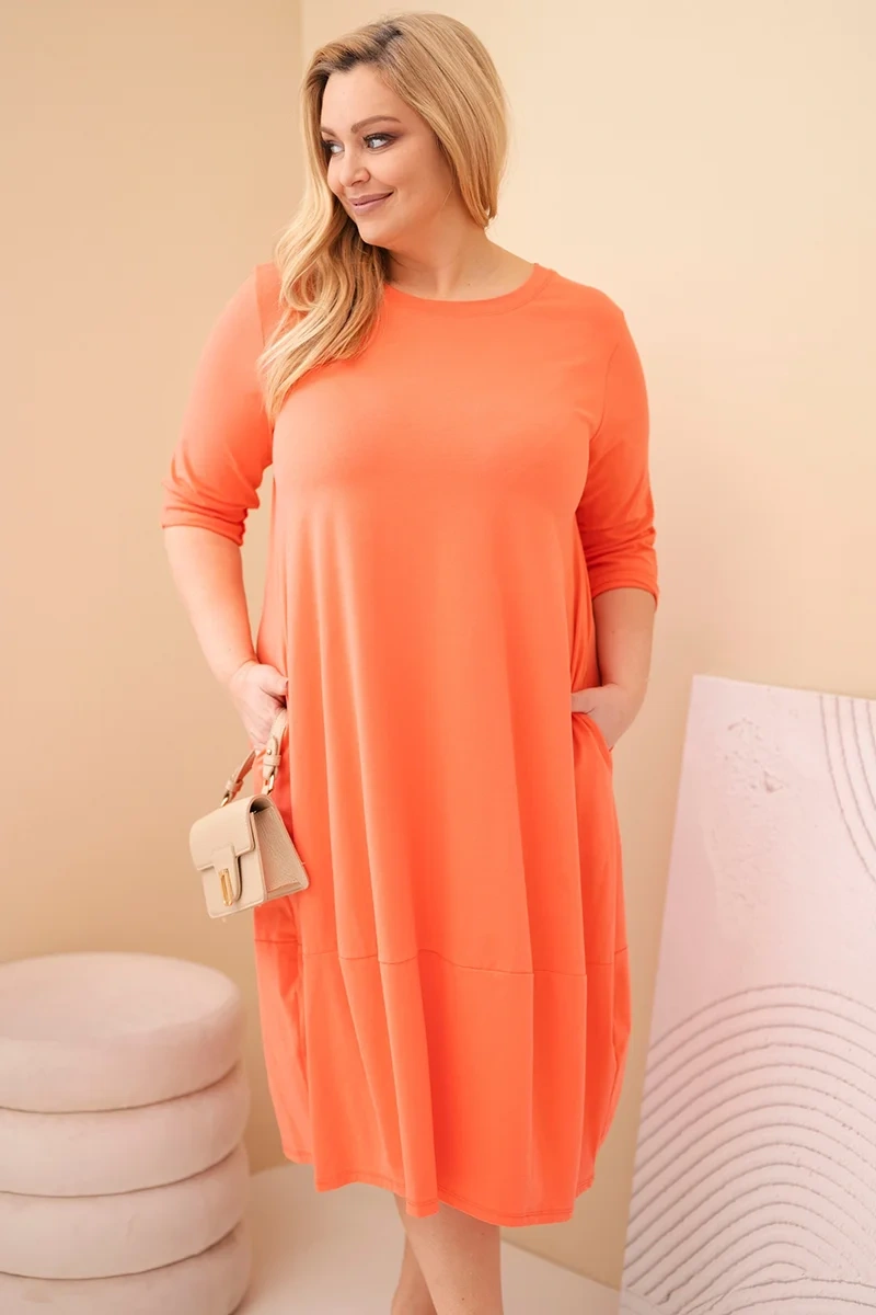Sukienka damska bawełniana Plus Size z podwijanym rękawem i kieszeniami morelowa