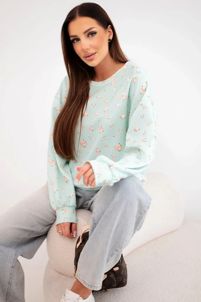 Bluza damska wiskozowa w drobne kwiatki z długim rękawem miętowa