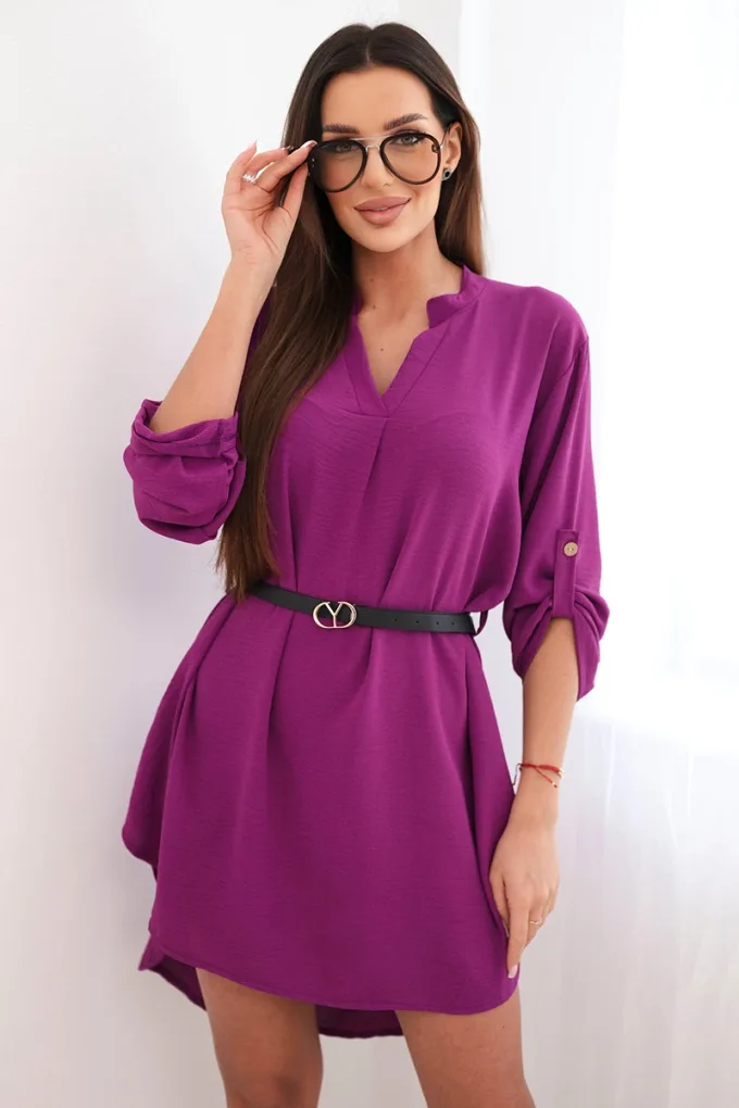 Sukienka z dłuższym tyłem i paskiem ciemno fioletowa