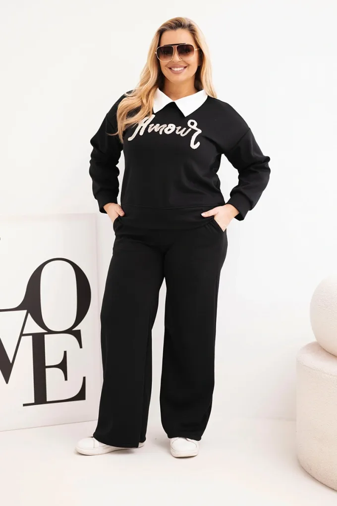 Komplet damski masełko Plus Size z szerokimi nogawkami i kołnierzykiem czarny