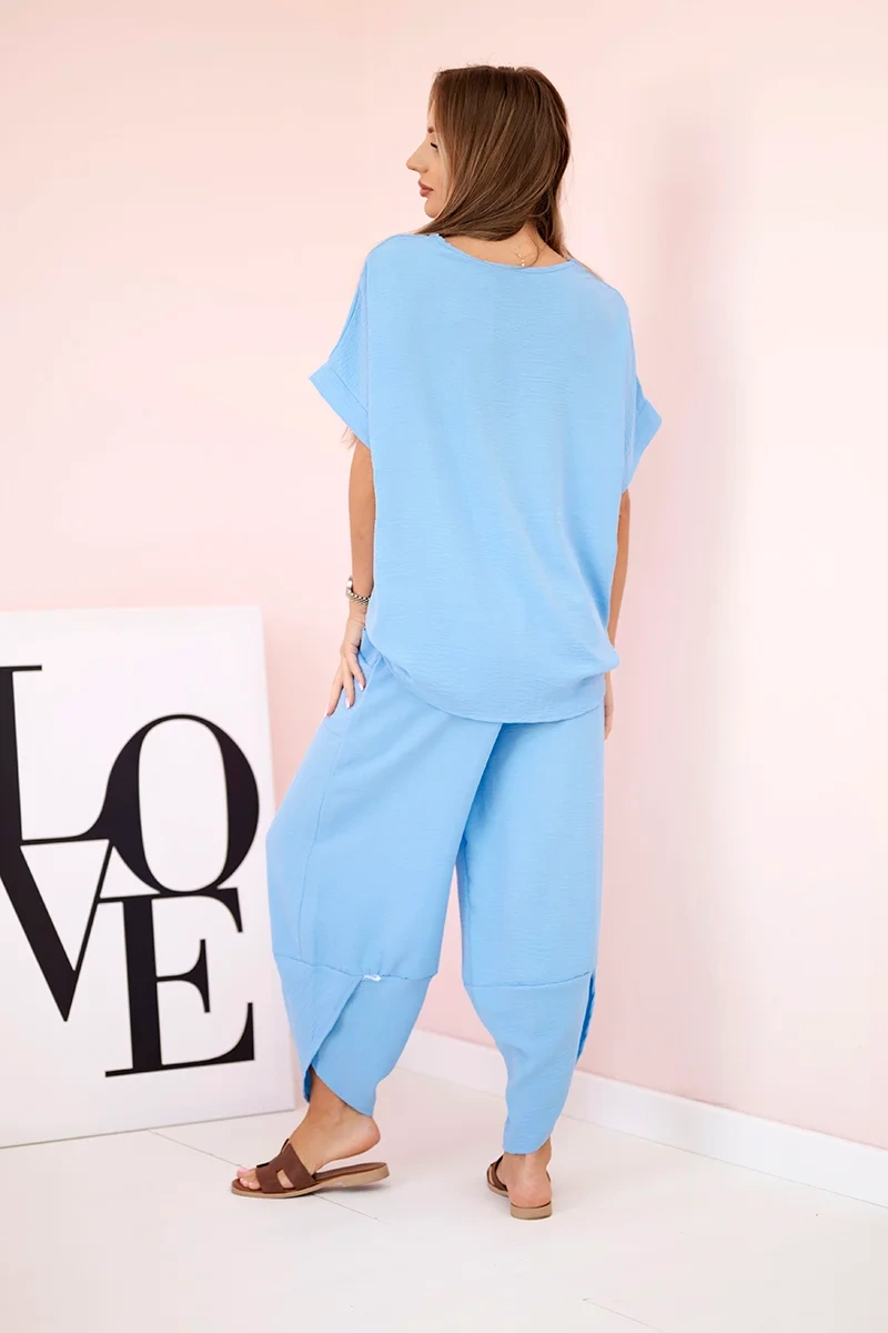 Komplet z wiskozy bluzka + spodnie niebieski - obrazek 3