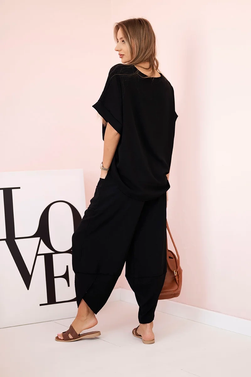 Komplet z wiskozy bluzka + spodnie czarny - obrazek 3