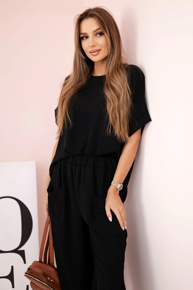 Komplet z wiskozy bluzka + spodnie czarny - obrazek 2