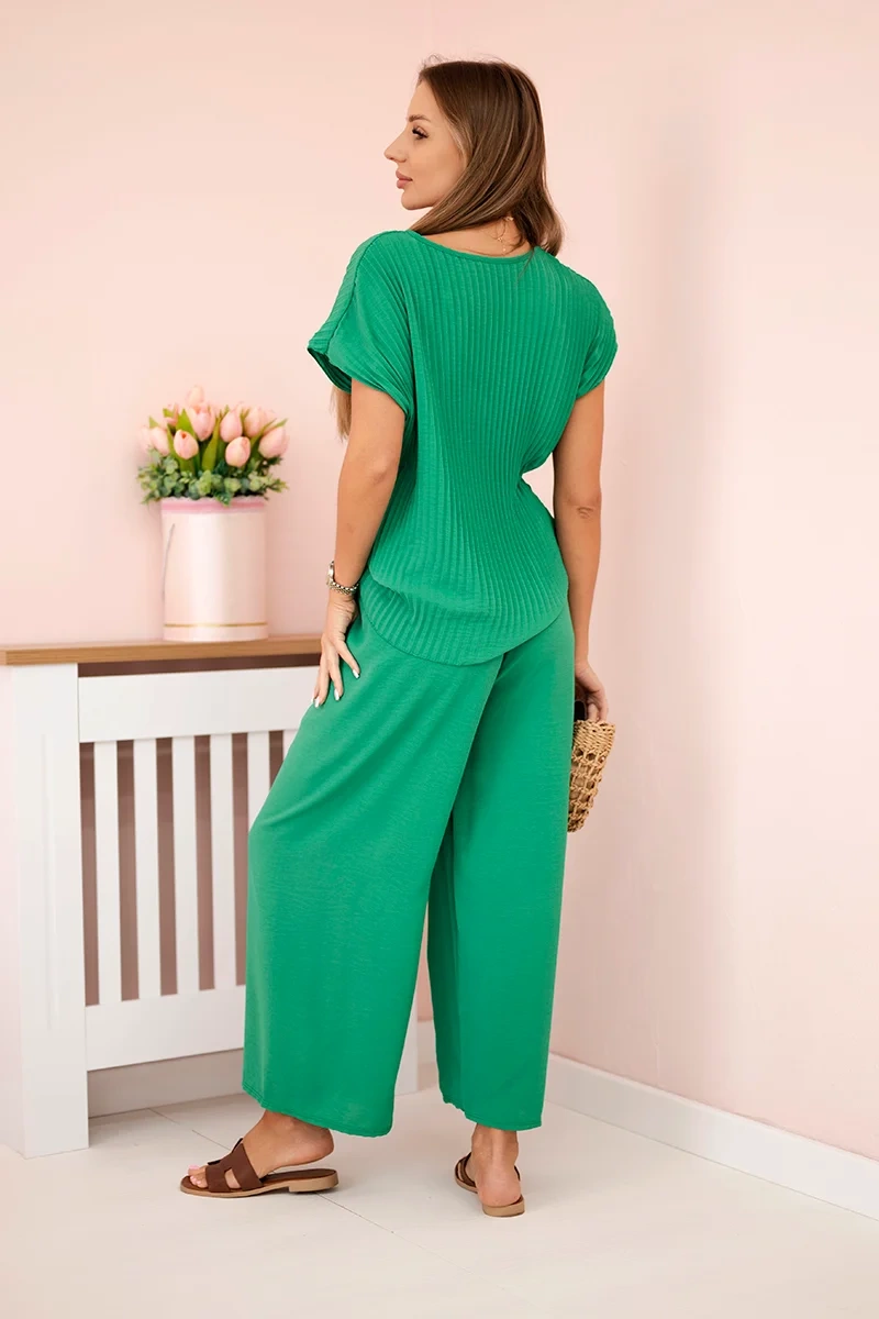 Komplet z wiskozy bluzka plisowana + spodnie zielona - obrazek 3