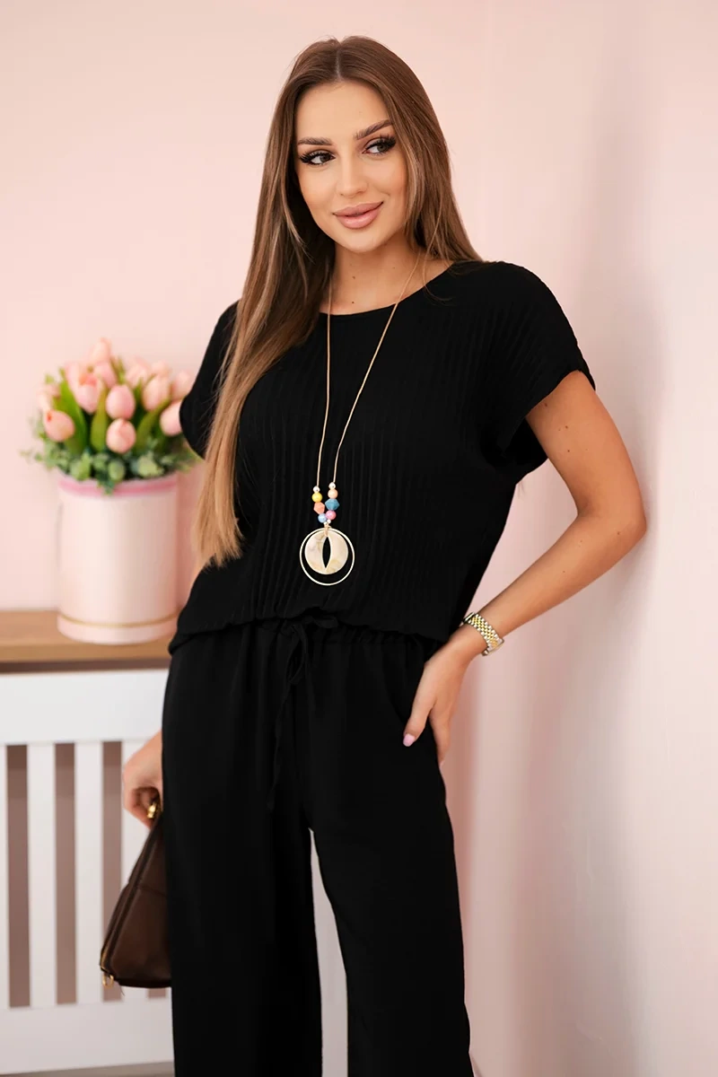 Komplet z wiskozy bluzka plisowana + spodnie czarny - obrazek 2