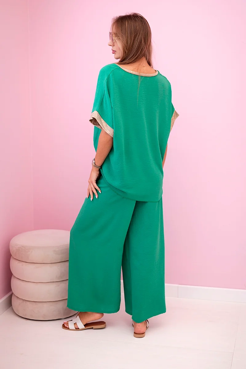 Komplet z wiskozy ze złotym obszyciem zielony - obrazek 3