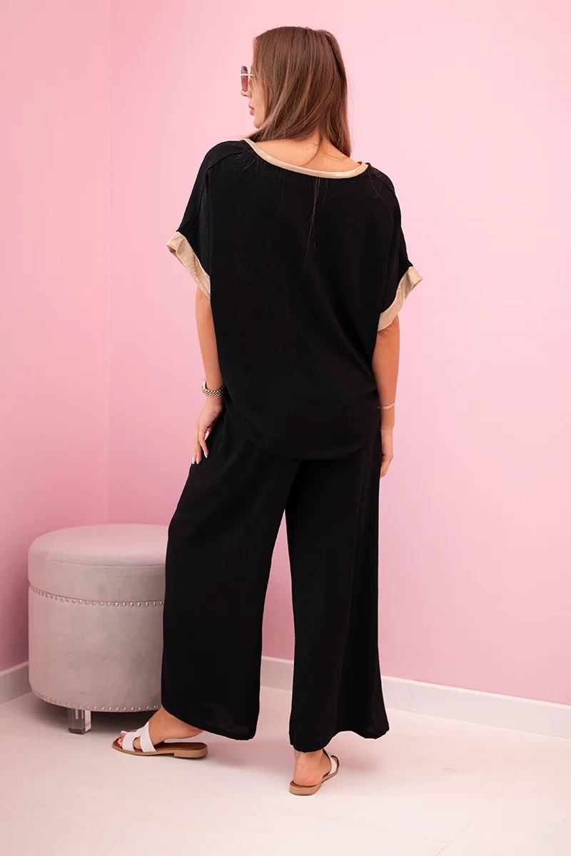 Komplet z wiskozy ze złotym obszyciem czarny - obrazek 4