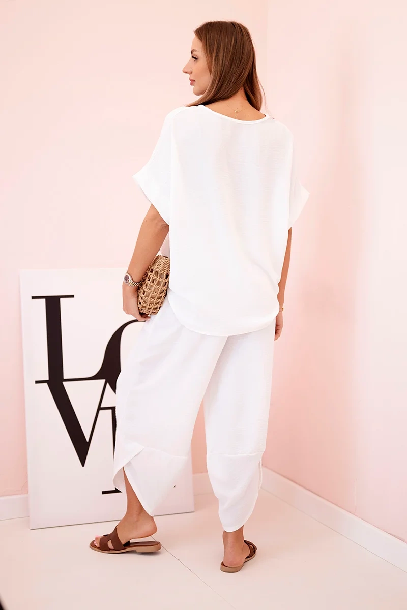 Komplet z wiskozy bluzka + spodnie biały - obrazek 3