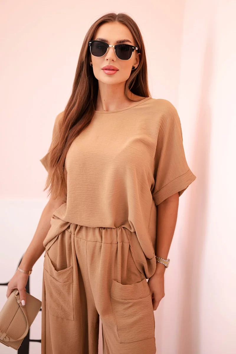 Komplet z wiskozy bluzka + spodnie camelowy - obrazek 2