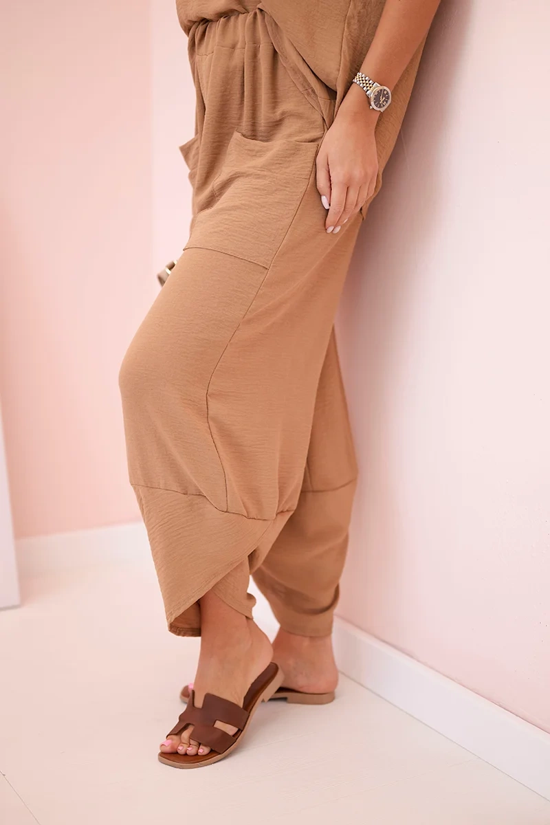 Komplet z wiskozy bluzka + spodnie camelowy - obrazek 4