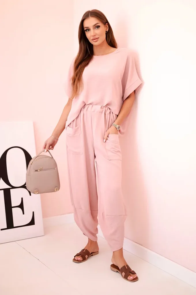 Komplet z wiskozy bluzka + spodnie ciemny pudrowy róż