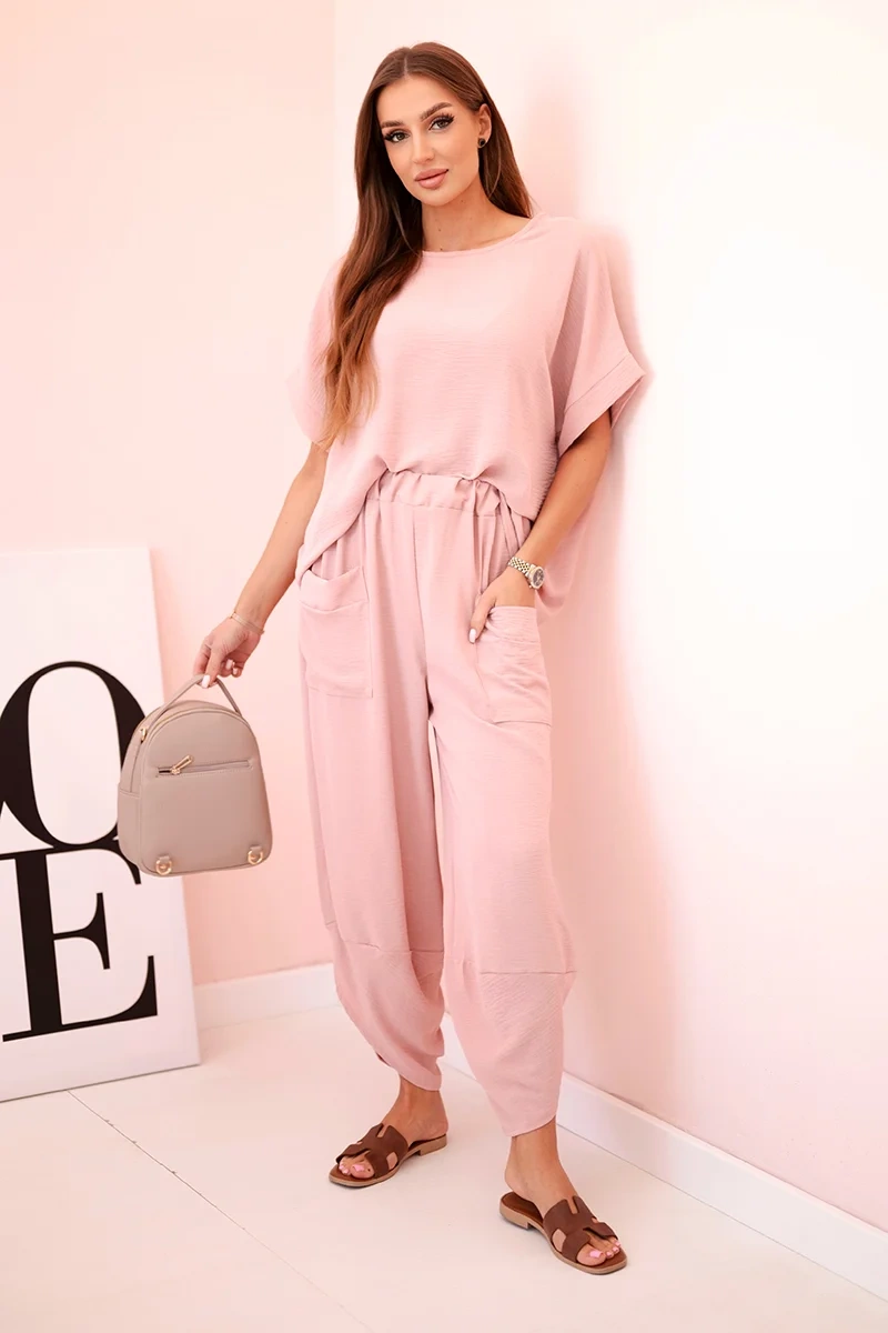 Komplet z wiskozy bluzka + spodnie ciemny pudrowy róż