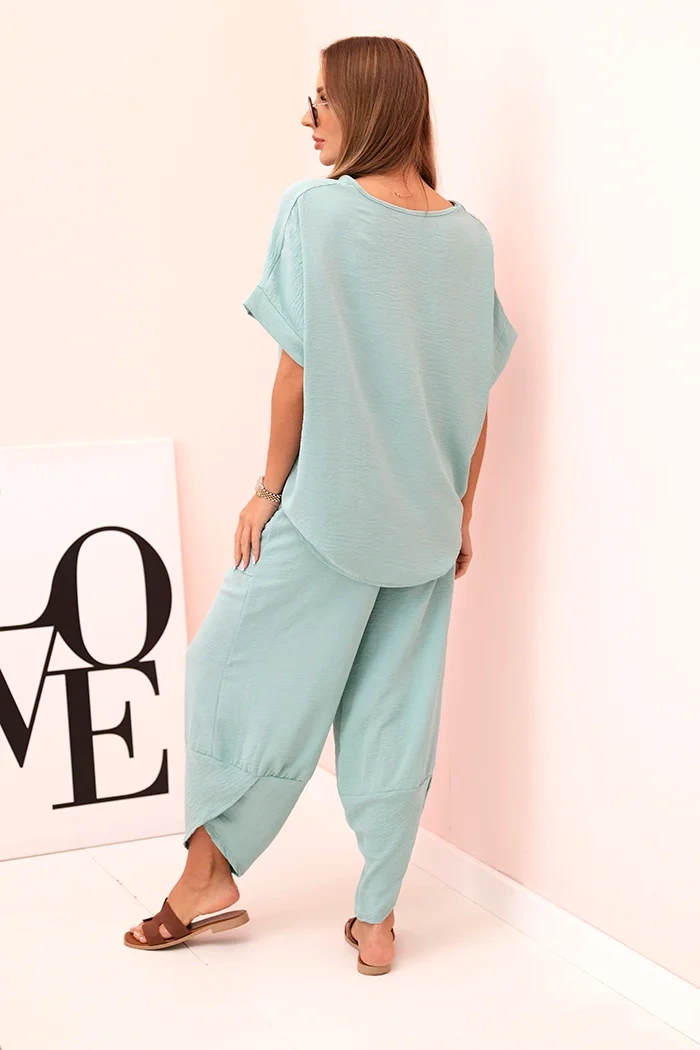 Komplet z wiskozy bluzka + spodnie ciemny miętowy - obrazek 3