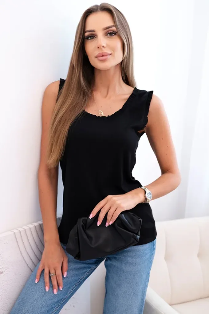 Bluzka damska z wiskozy z falbanką przy dekolcie czarna