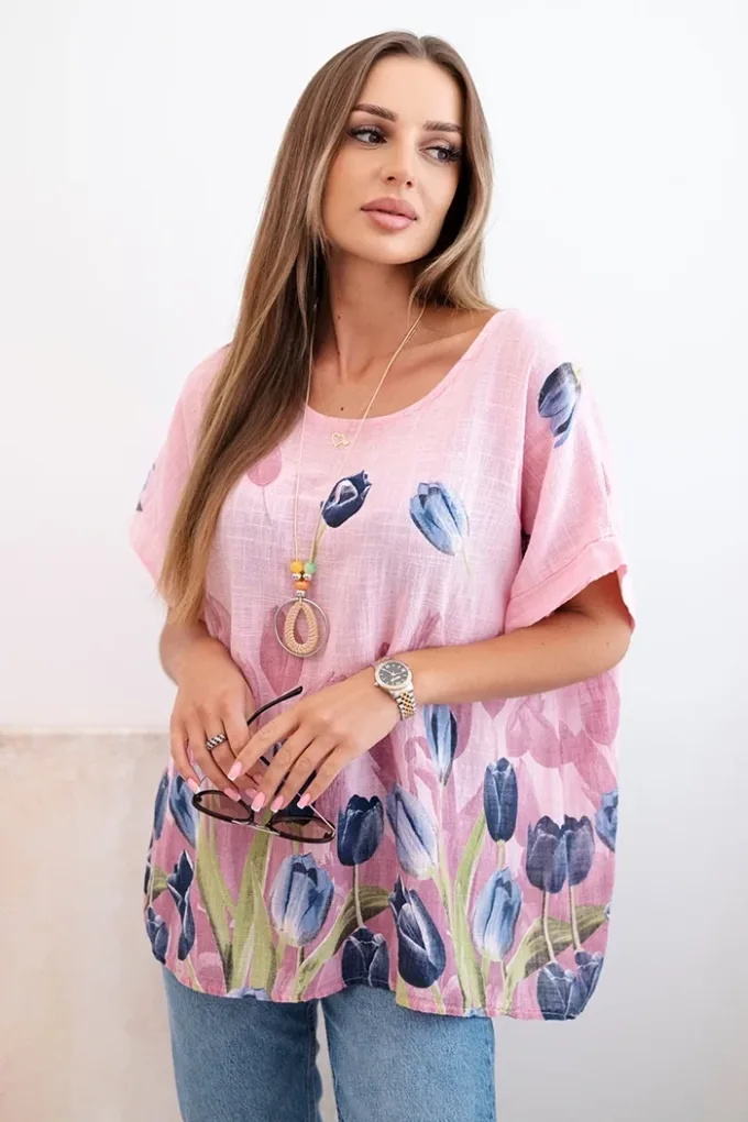 Koszula damska bawełniana z kwiatowym wzorem jasno różowa