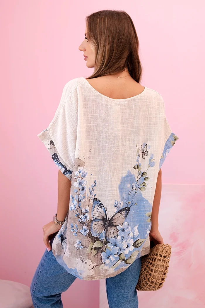 Koszula damska bawełniana w motyle i kwiaty beżowa - obrazek 3