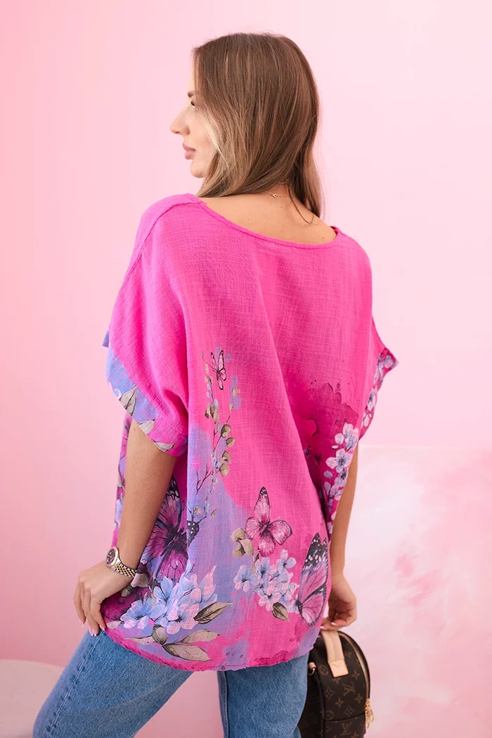 Koszula damska bawełniana w motyle i kwiaty różowa - obrazek 3