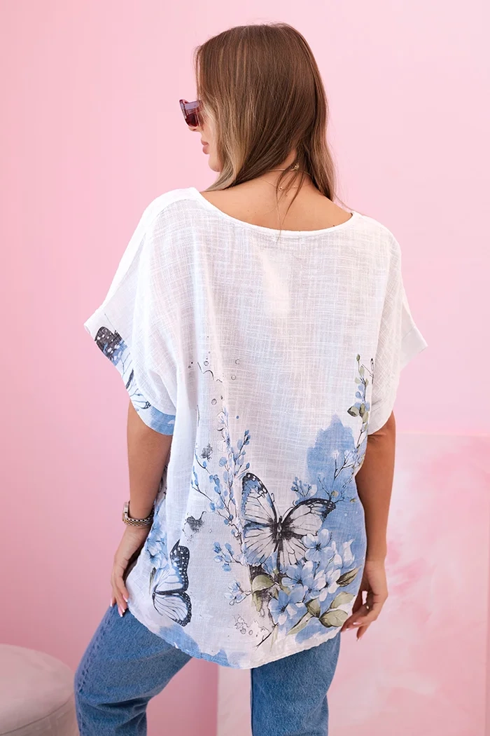 Koszula damska bawełniana w motyle i kwiaty biała - obrazek 3