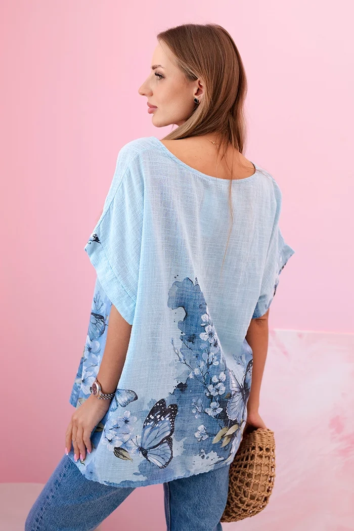 Koszula damska bawełniana w motyle i kwiaty niebieska - obrazek 3