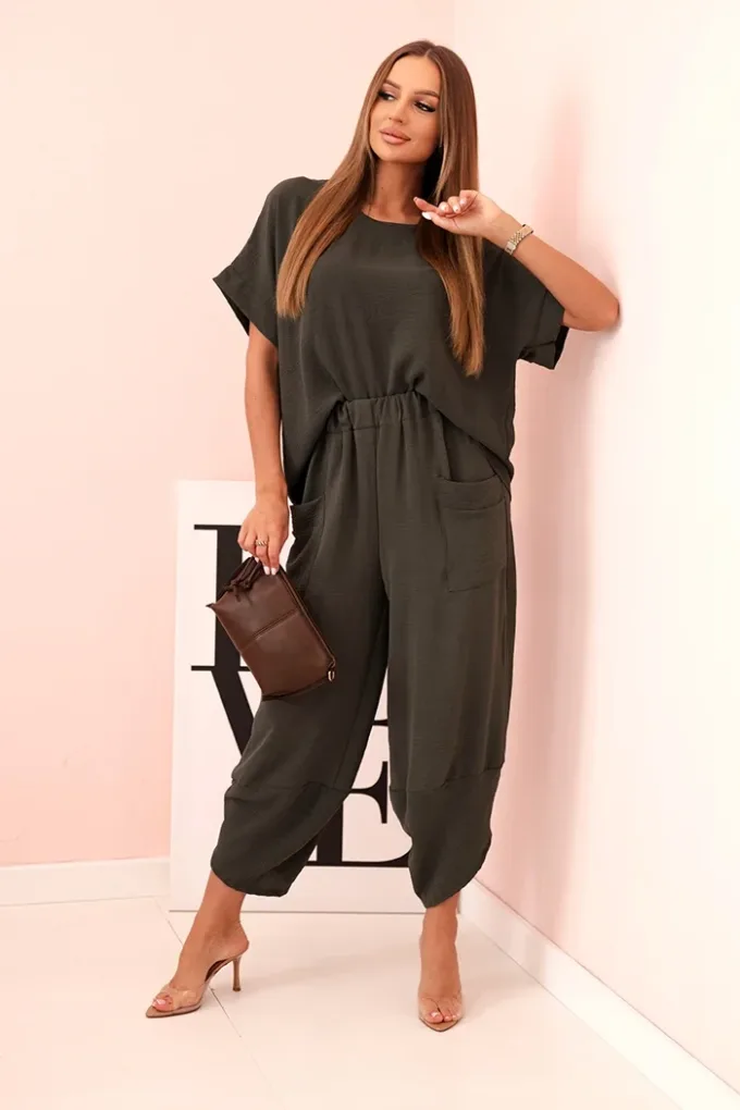 Komplet z wiskozy bluzka + spodnie khaki
