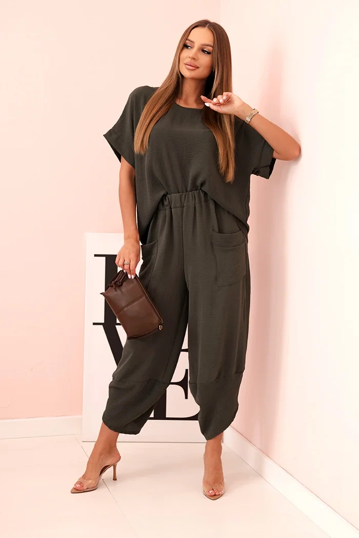 Komplet z wiskozy bluzka + spodnie khaki