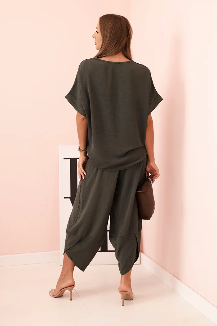 Komplet z wiskozy bluzka + spodnie khaki - obrazek 3