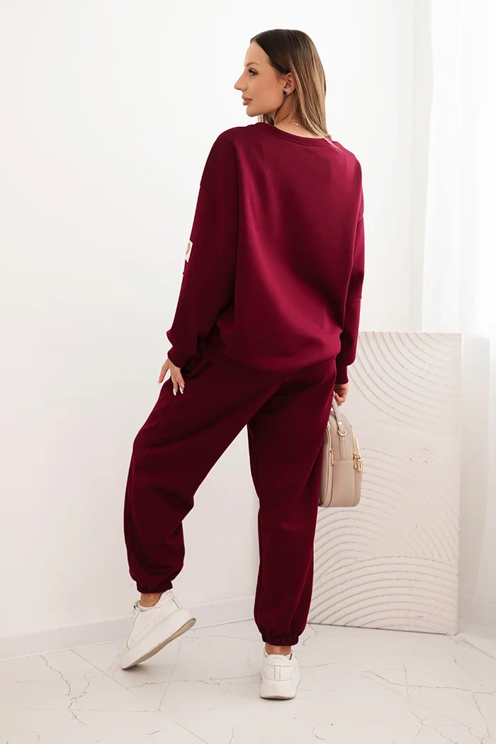 Komplet damski masełkowy z luźną bluzą i spodniami z napisem LOVE śliwkowy - obrazek 3