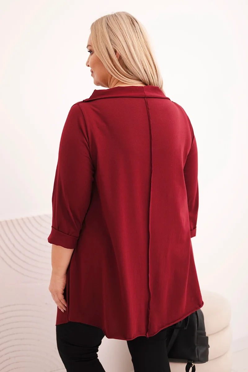 Bluzka damska bawełniana Plus Size asymetryczna z podwijanym rękawem bordowa - obrazek 3