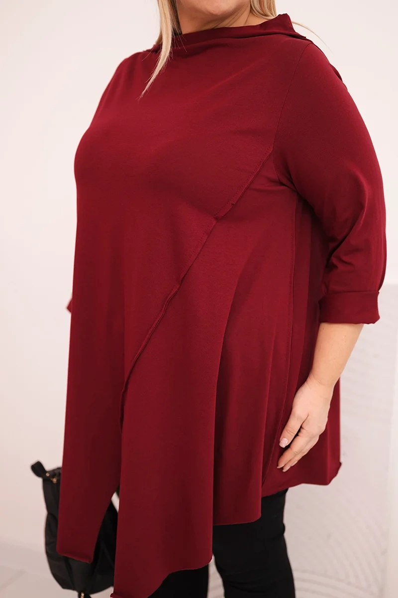Bluzka damska bawełniana Plus Size asymetryczna z podwijanym rękawem bordowa - obrazek 4