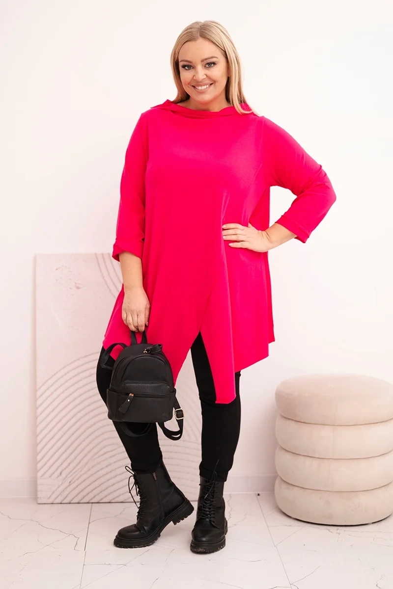 Bluzka damska bawełniana Plus Size asymetryczna z podwijanym rękawem fuksja - obrazek 2