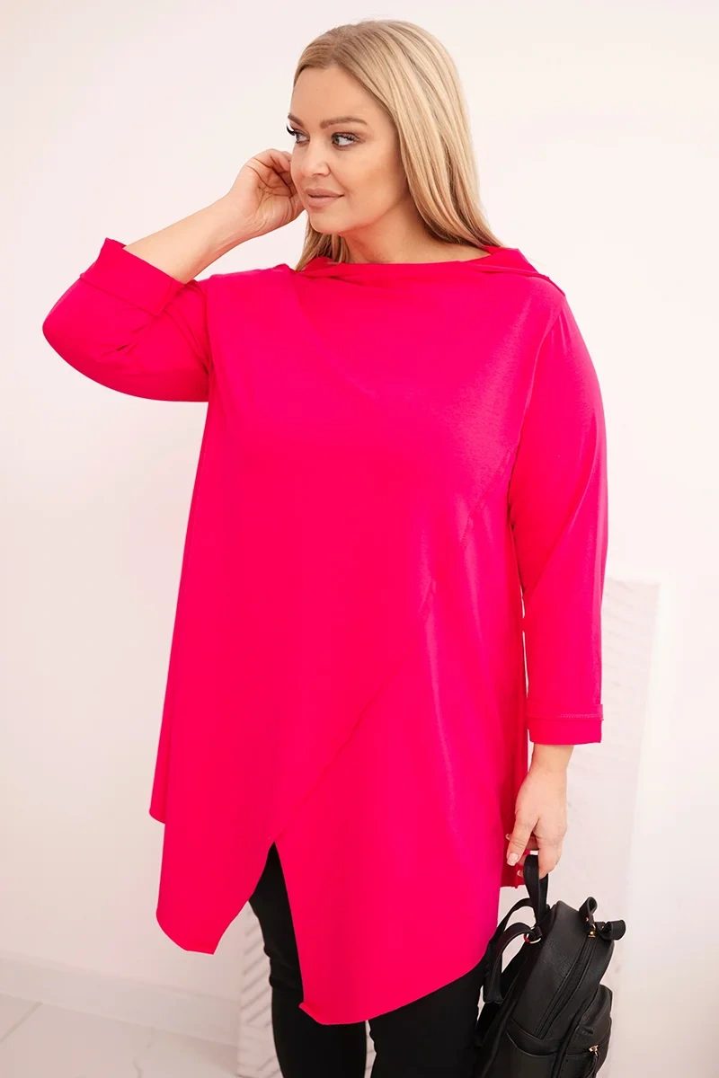Bluzka damska bawełniana Plus Size asymetryczna z podwijanym rękawem fuksja