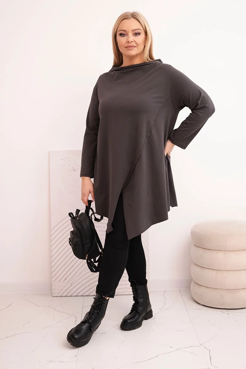 Bluzka damska bawełniana Plus Size asymetryczna z podwijanym rękawem grafitowa - obrazek 2