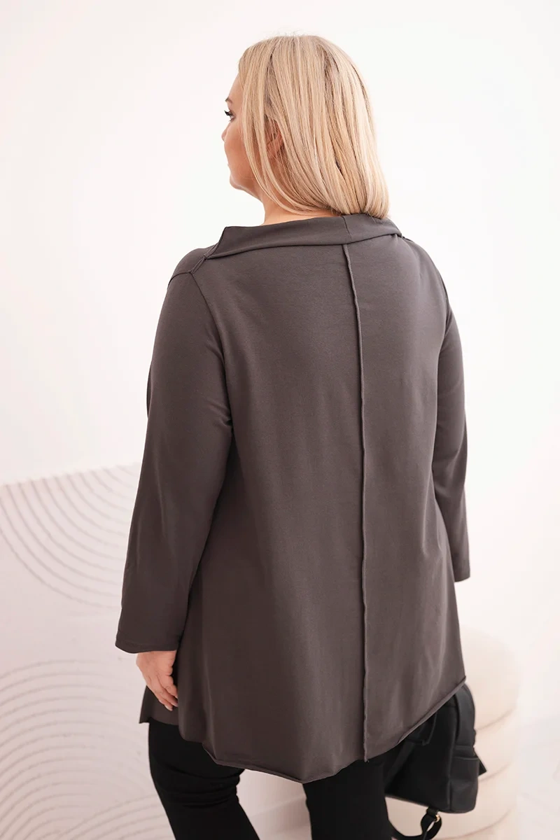 Bluzka damska bawełniana Plus Size asymetryczna z podwijanym rękawem grafitowa - obrazek 3