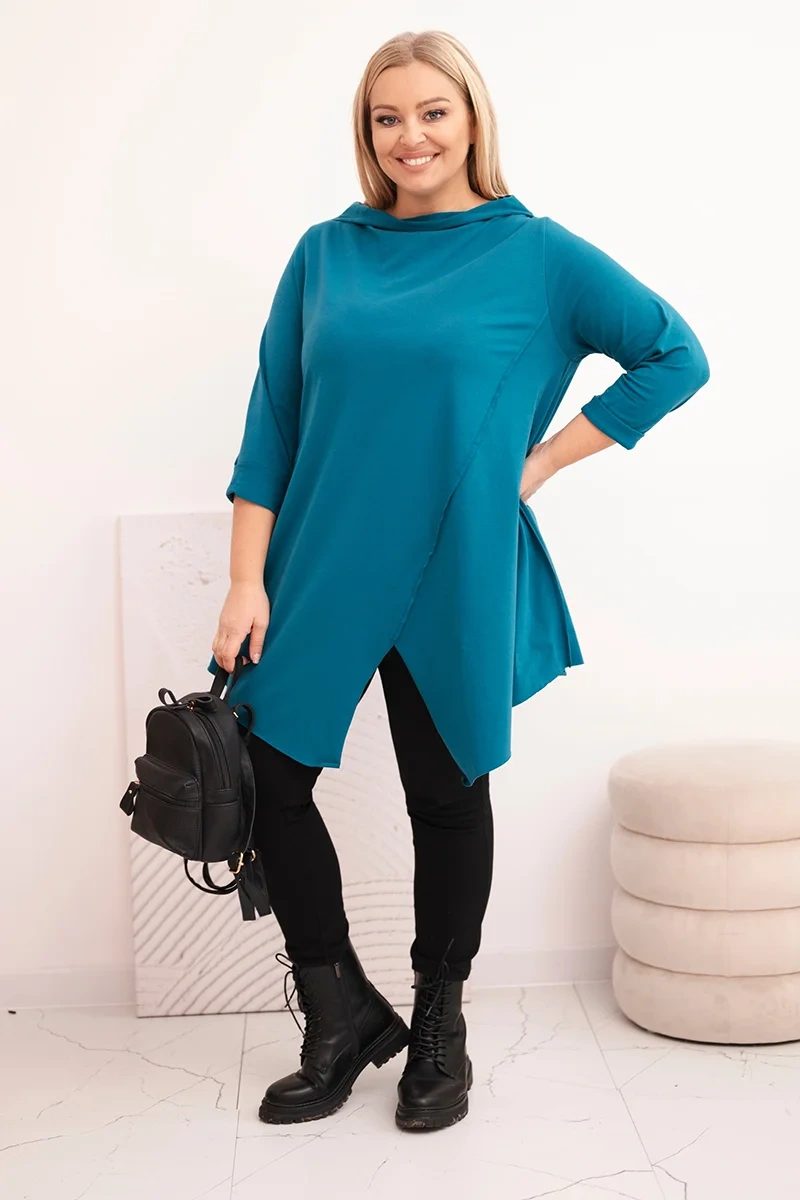 Bluzka damska bawełniana Plus Size asymetryczna z podwijanym rękawem morska - obrazek 2