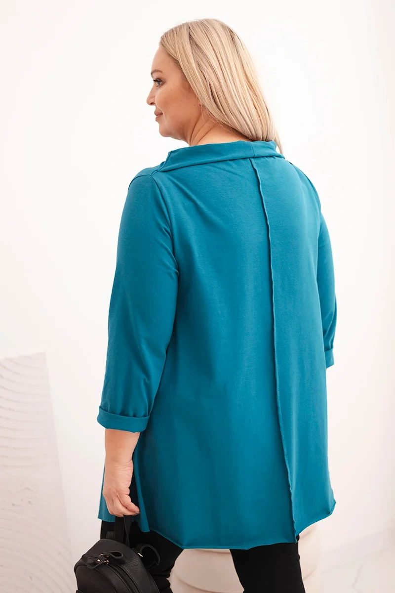 Bluzka damska bawełniana Plus Size asymetryczna z podwijanym rękawem morska - obrazek 3