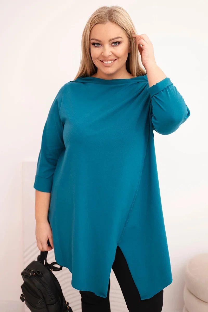 Bluzka damska bawełniana Plus Size asymetryczna z podwijanym rękawem morska