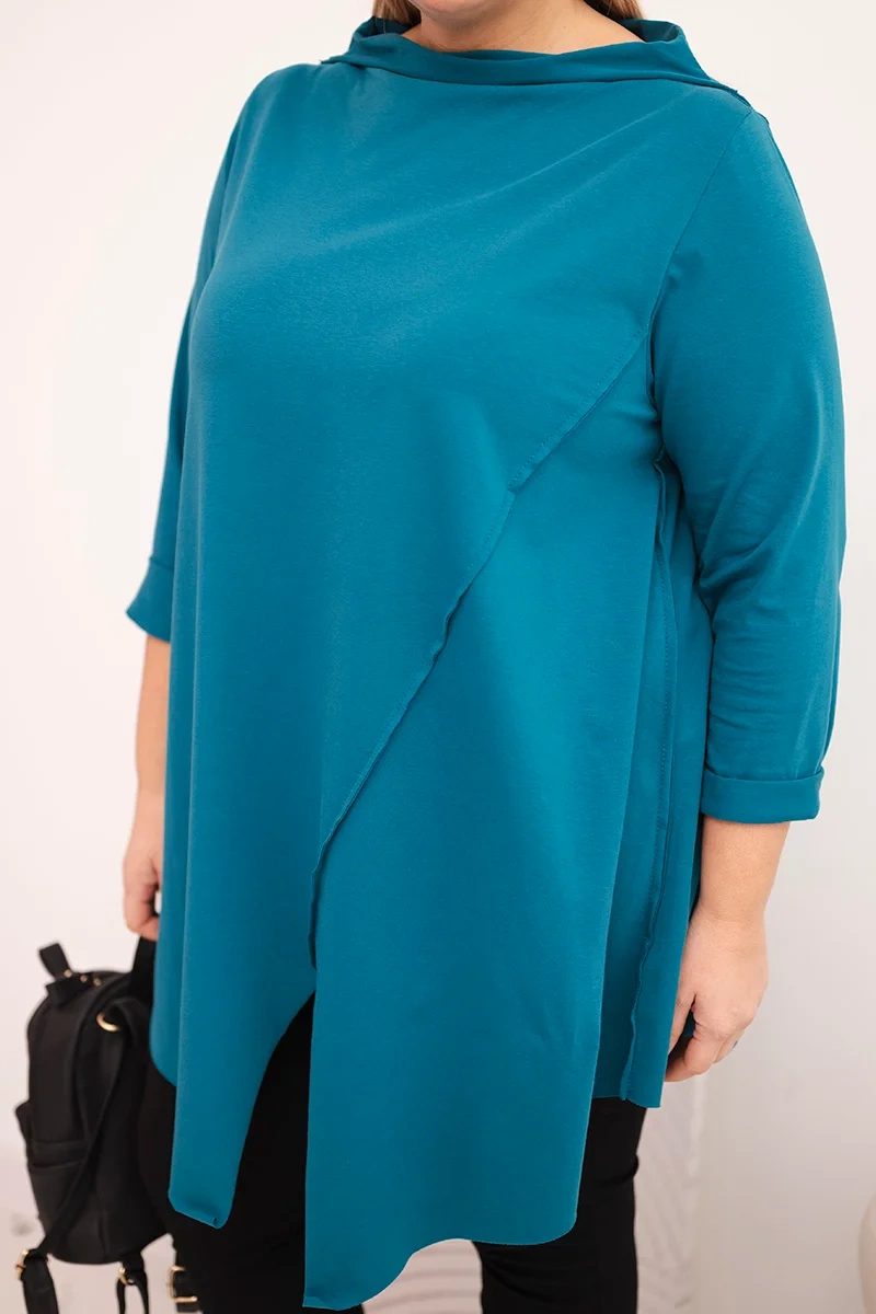 Bluzka damska bawełniana Plus Size asymetryczna z podwijanym rękawem morska - obrazek 4