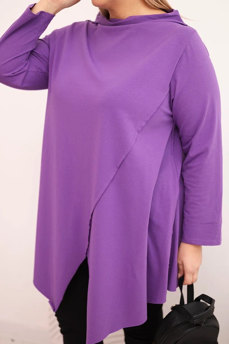 Bluzka damska bawełniana Plus Size asymetryczna z podwijanym rękawem fioletowa - obrazek 4
