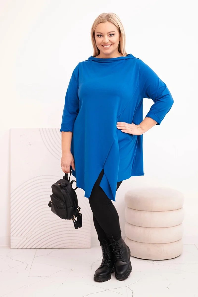 Bluzka damska bawełniana Plus Size asymetryczna z podwijanym rękawem chabrowa - obrazek 2