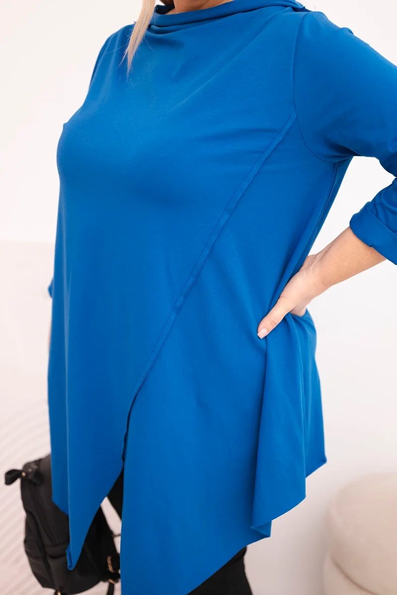 Bluzka damska bawełniana Plus Size asymetryczna z podwijanym rękawem chabrowa - obrazek 4