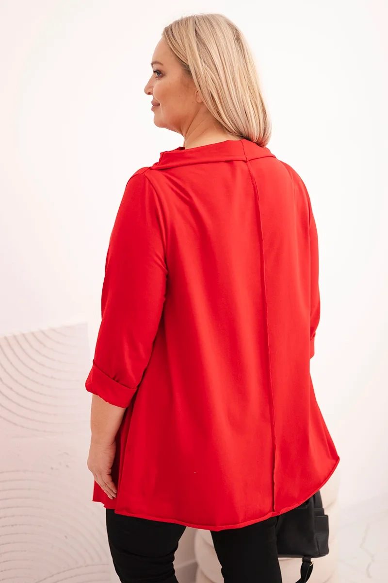 Bluzka damska bawełniana Plus Size asymetryczna z podwijanym rękawem czerwona - obrazek 3