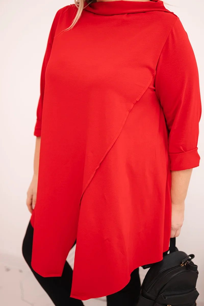Bluzka damska bawełniana Plus Size asymetryczna z podwijanym rękawem czerwona - obrazek 4