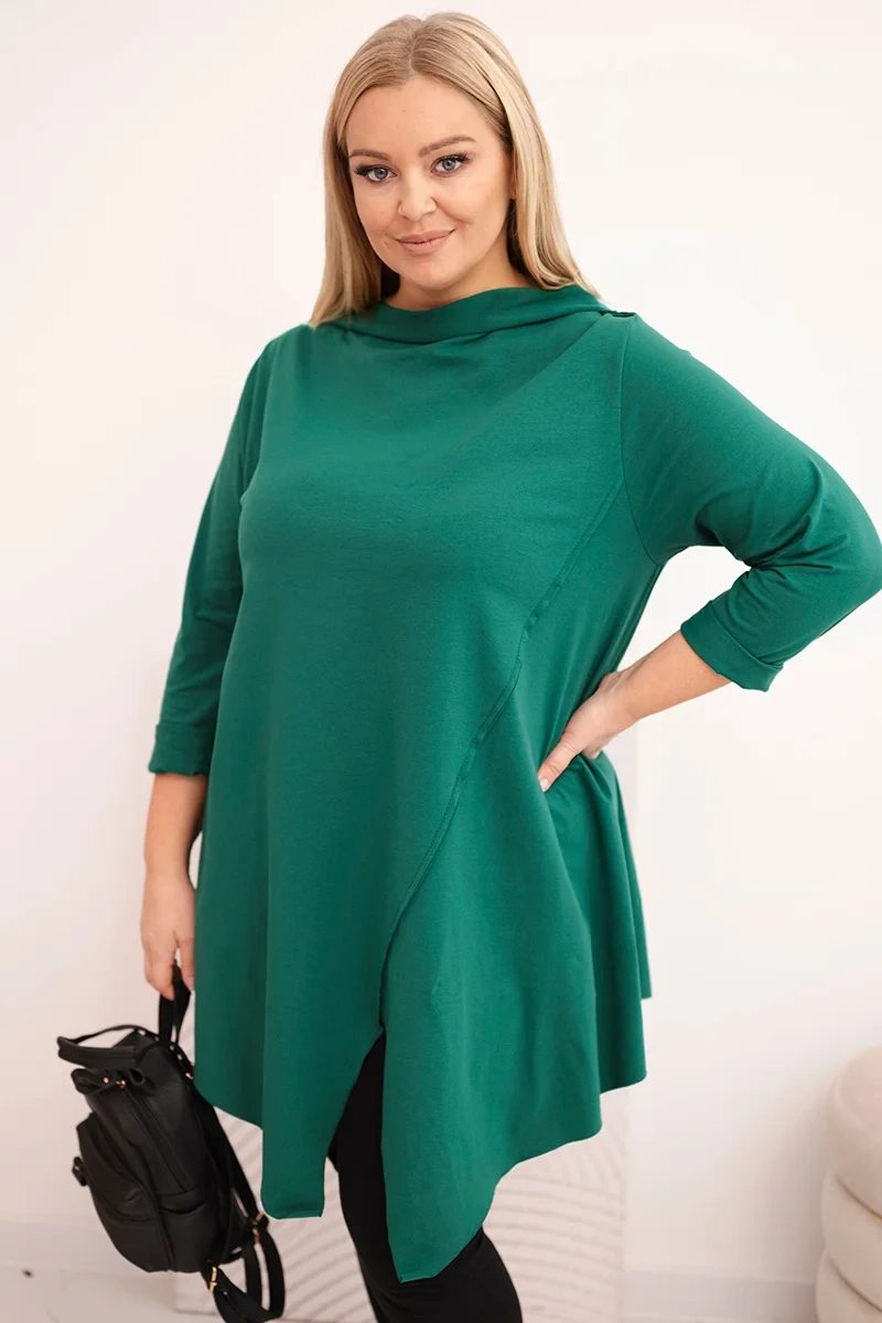 Bluzka damska bawełniana Plus Size asymetryczna z podwijanym rękawem ciemno zielona