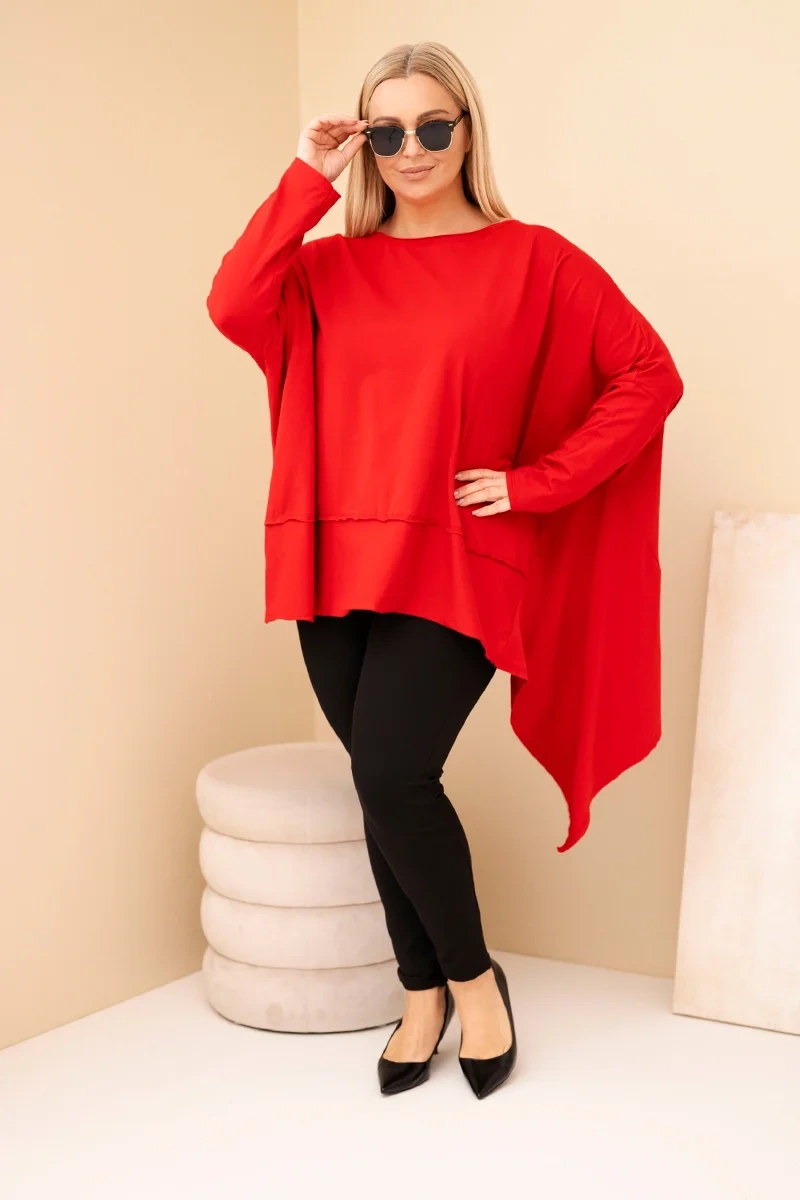 Tunika damska Plus Size z bawełny z asymetrycznym dołem czerwona - obrazek 2