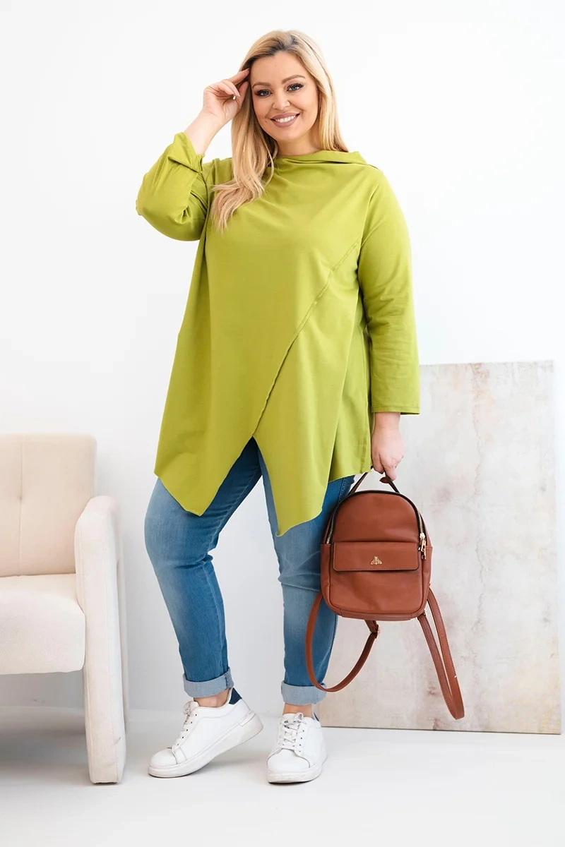 Bluzka damska bawełniana Plus Size asymetryczna z podwijanym rękawem oliwkowa - obrazek 2