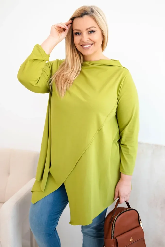 Bluzka damska bawełniana Plus Size asymetryczna z podwijanym rękawem oliwkowa