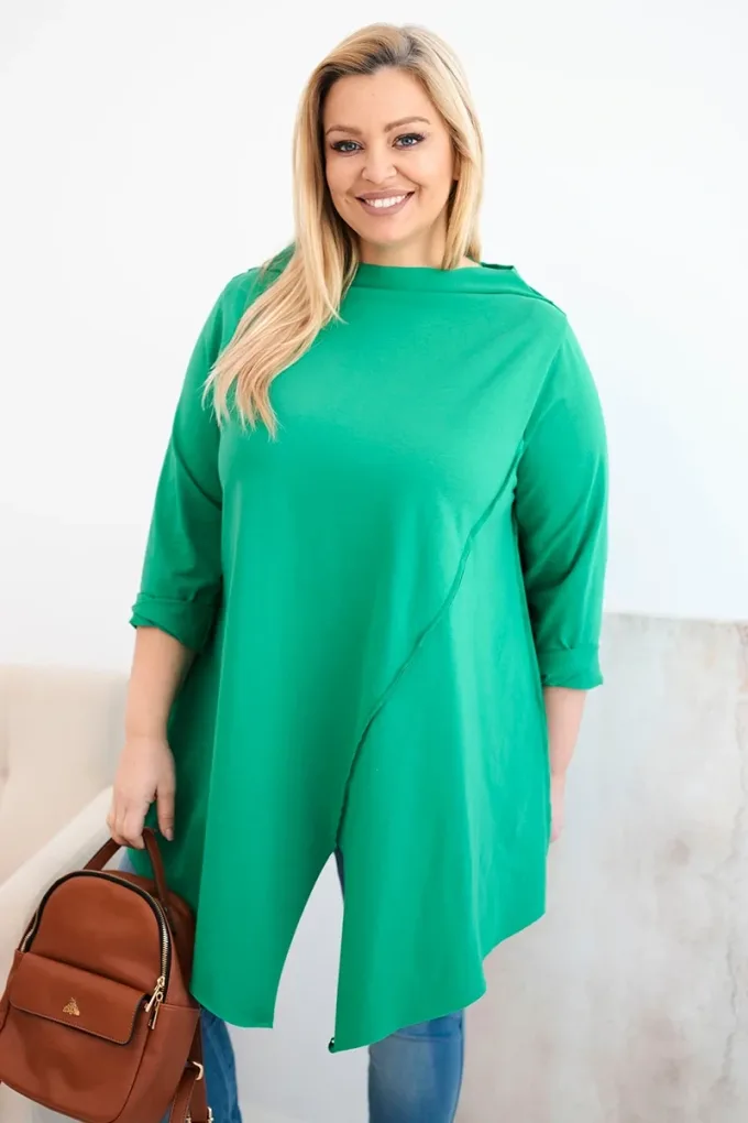 Bluzka damska bawełniana Plus Size asymetryczna z podwijanym rękawem zielona