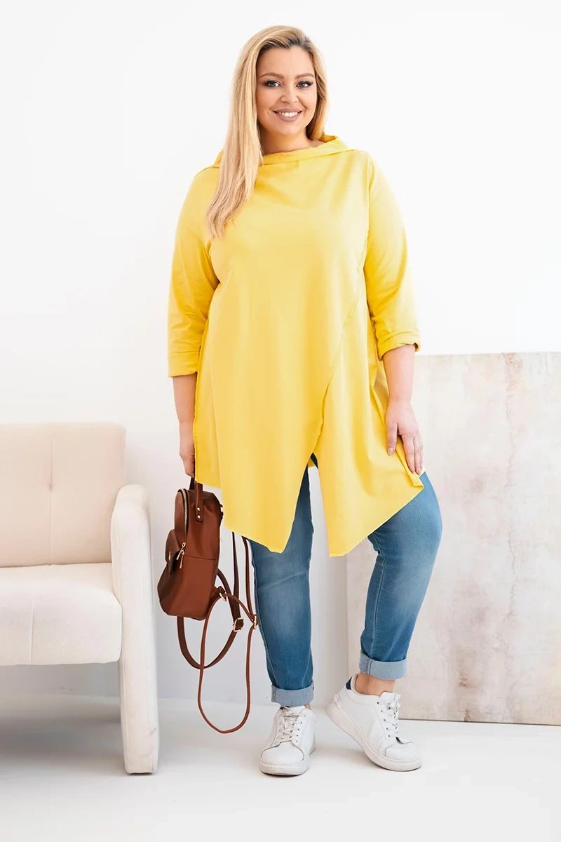 Bluzka damska bawełniana Plus Size asymetryczna z podwijanym rękawem żółta - obrazek 2